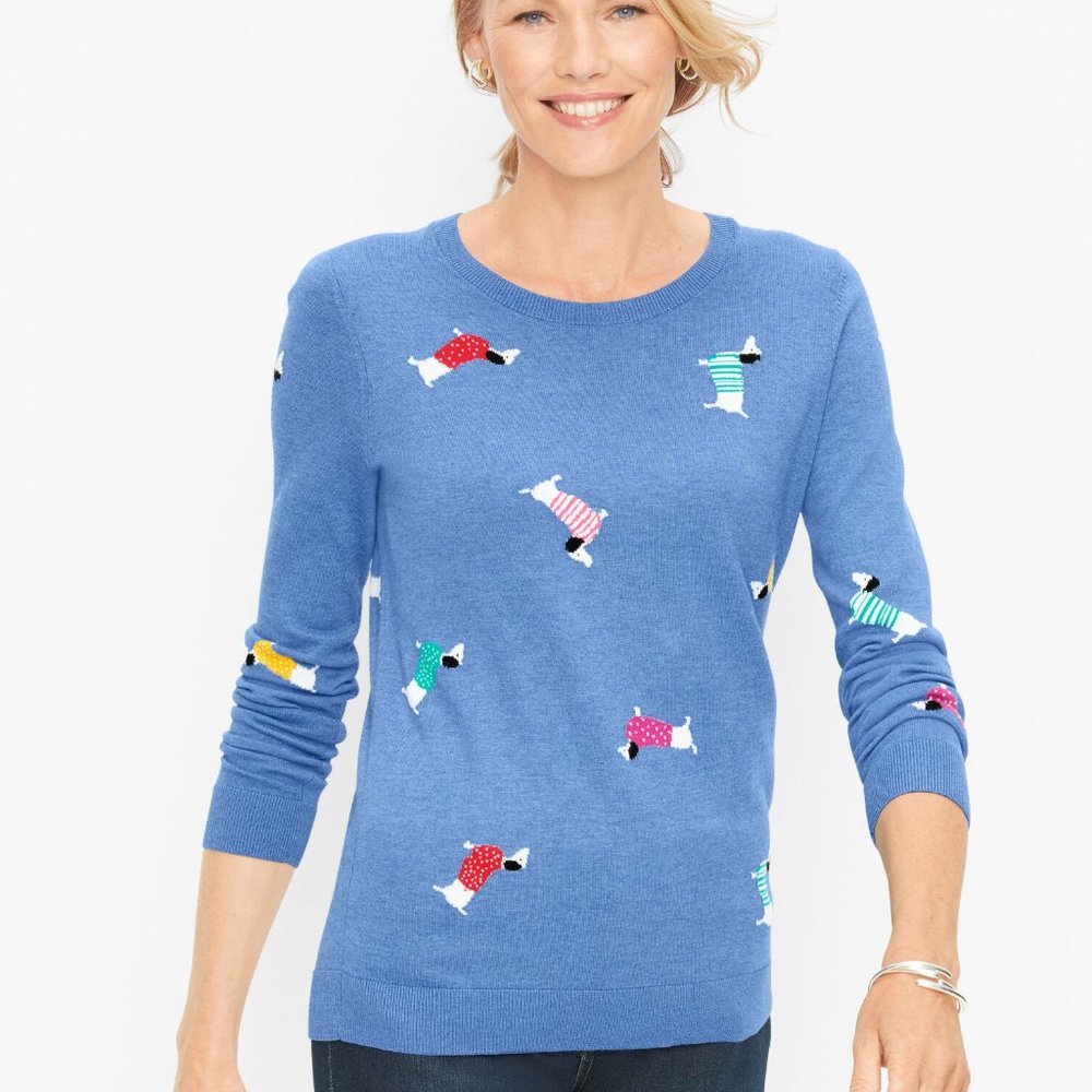 TALBOTS Dachshund Dog Print Lightweight Sweater NWT, Admiral Blue, Size: XS